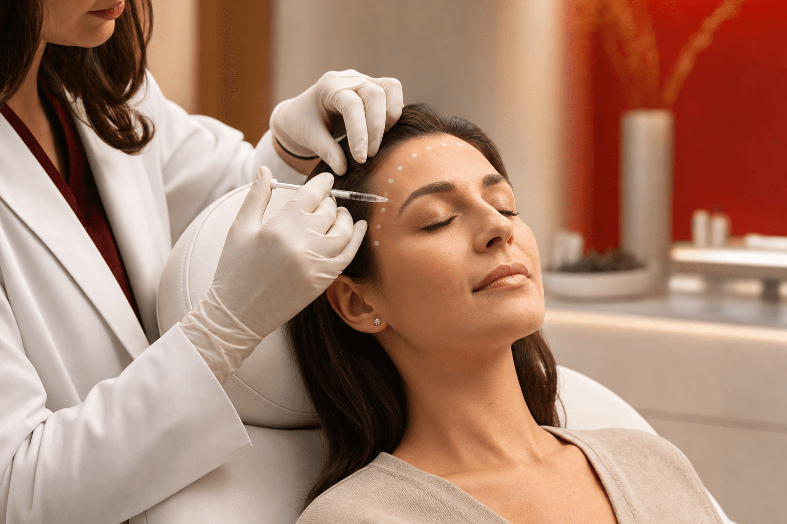 Botox injection procedure being administered to a patient's forehead for migraine prevention