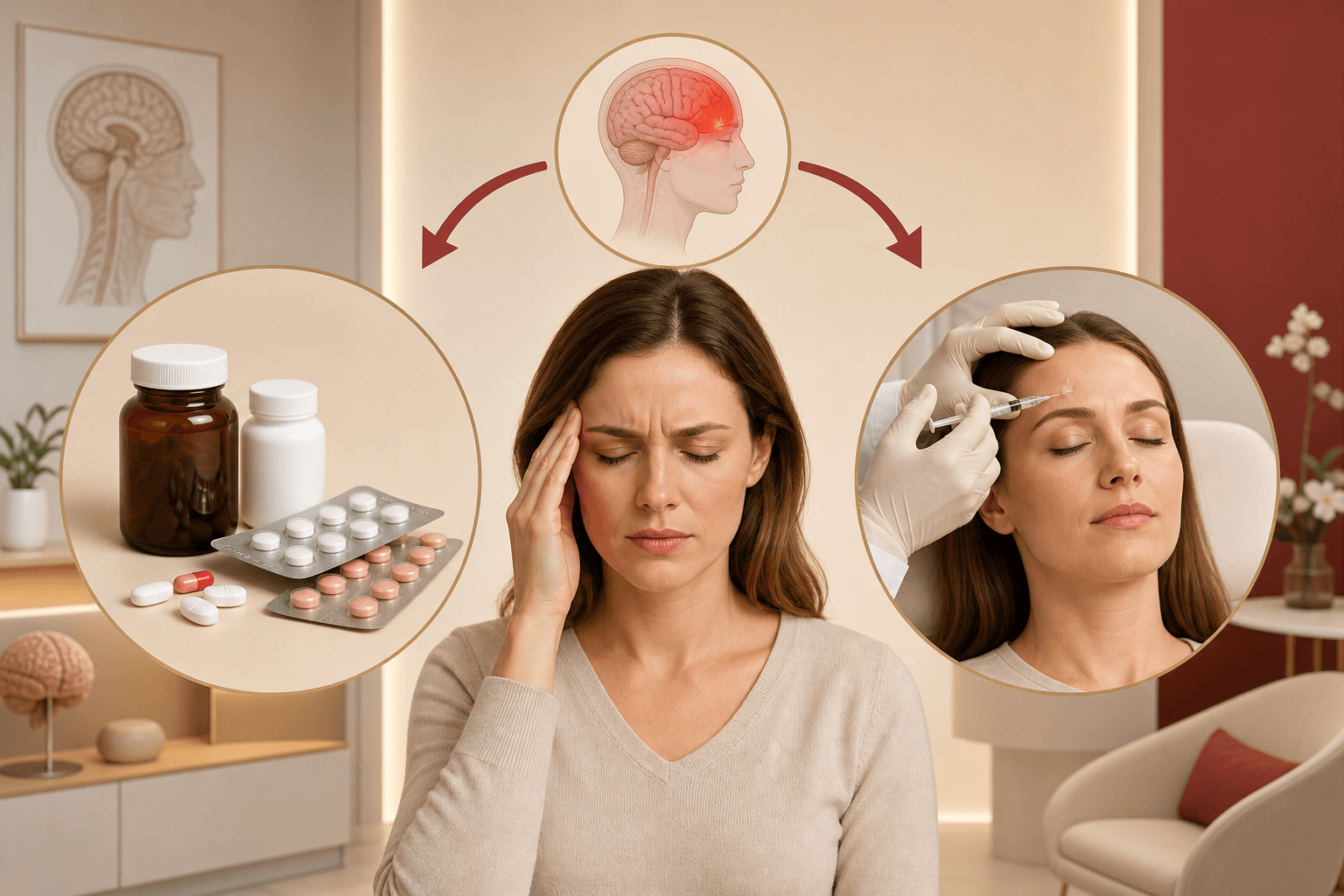Migraine treatment options including oral medications and Botox forehead injections