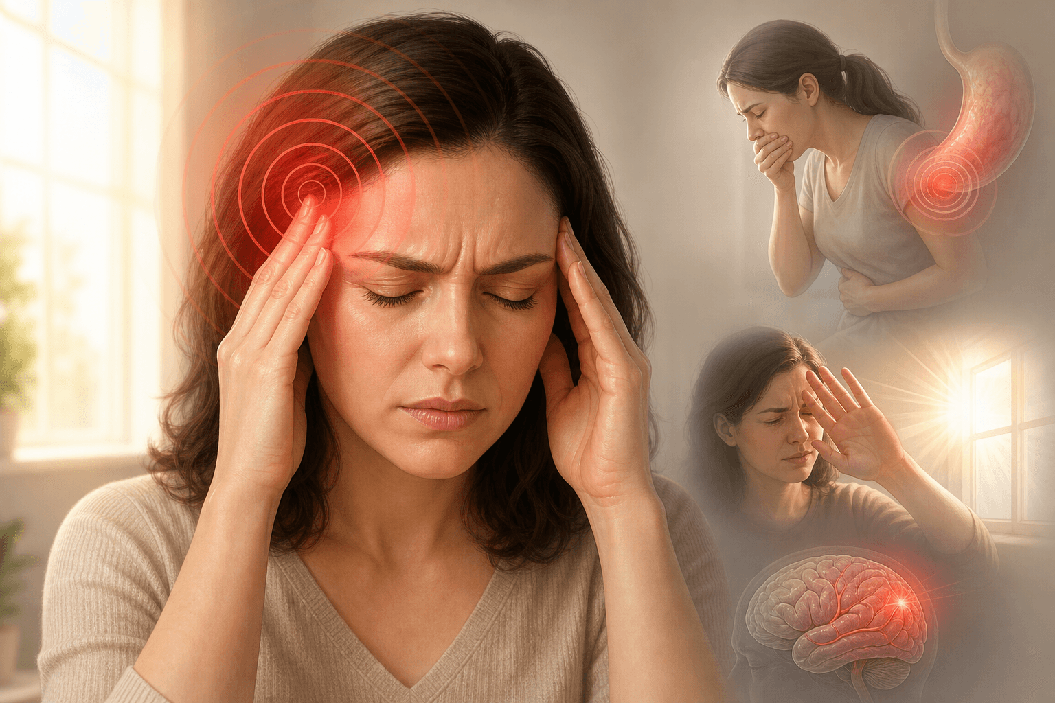 Illustration of migraine symptoms including throbbing headache, nausea, and light sensitivity
