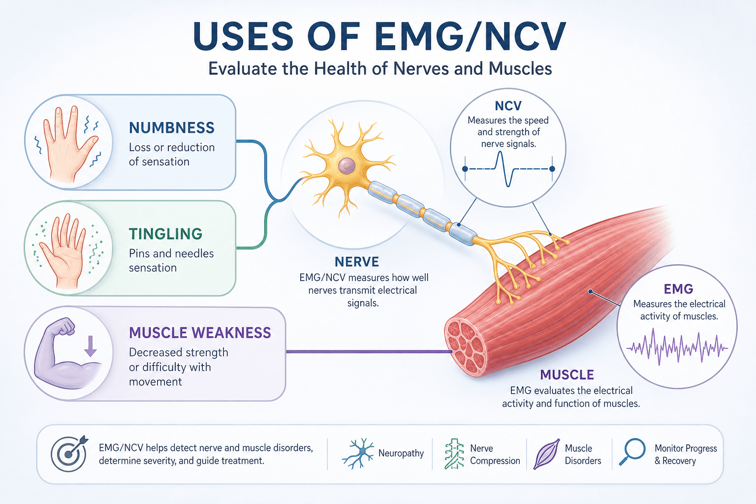 Neurologist reviewing EMG and NCV results to diagnose nerve and muscle disorders