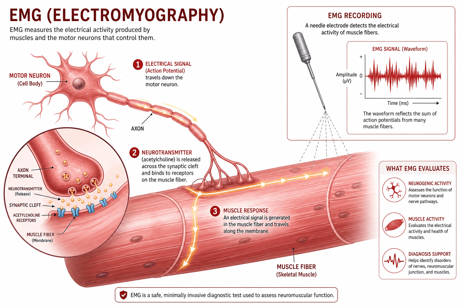 Illustration of EMG testing measuring electrical signals from motor neurons in muscle tissue