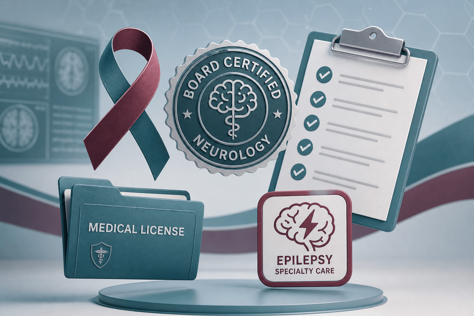 Board certification, medical credentials, and epilepsy specialty care symbols for choosing a qualified specialist
