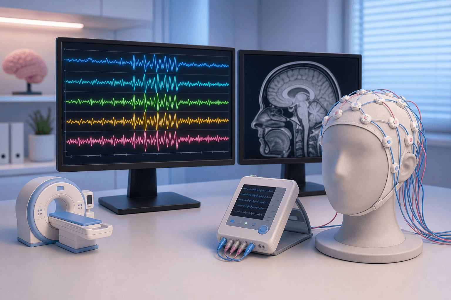 EEG waveforms, brain MRI imaging, and ambulatory recording equipment used in epilepsy diagnosis