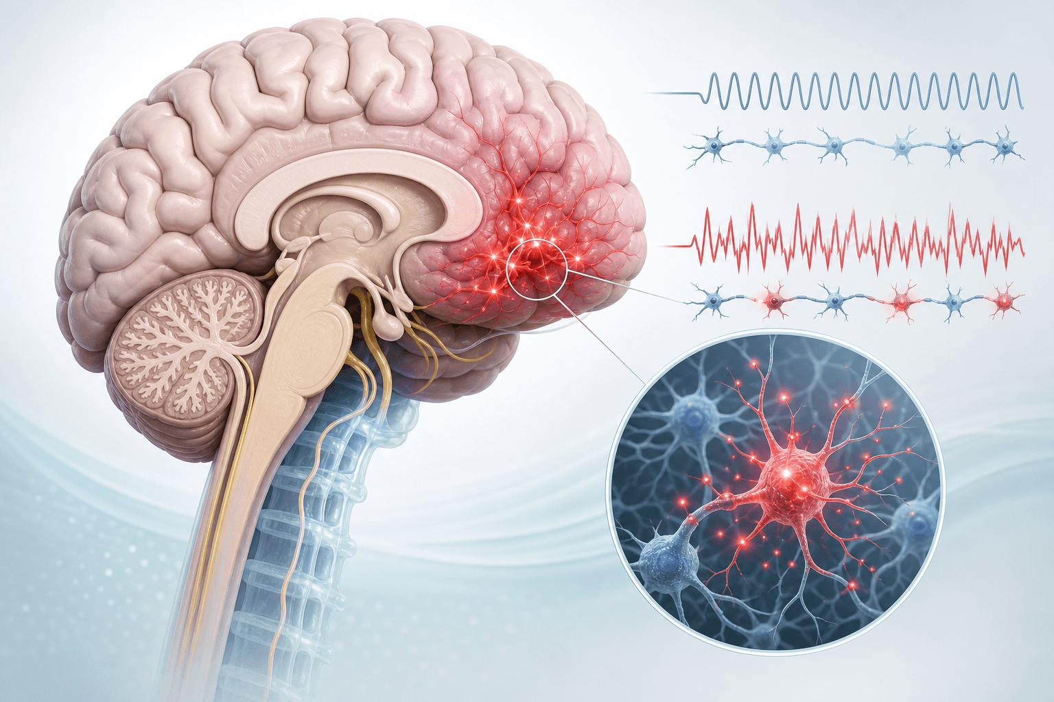 Illustration of disrupted brain activity associated with epilepsy and seizures