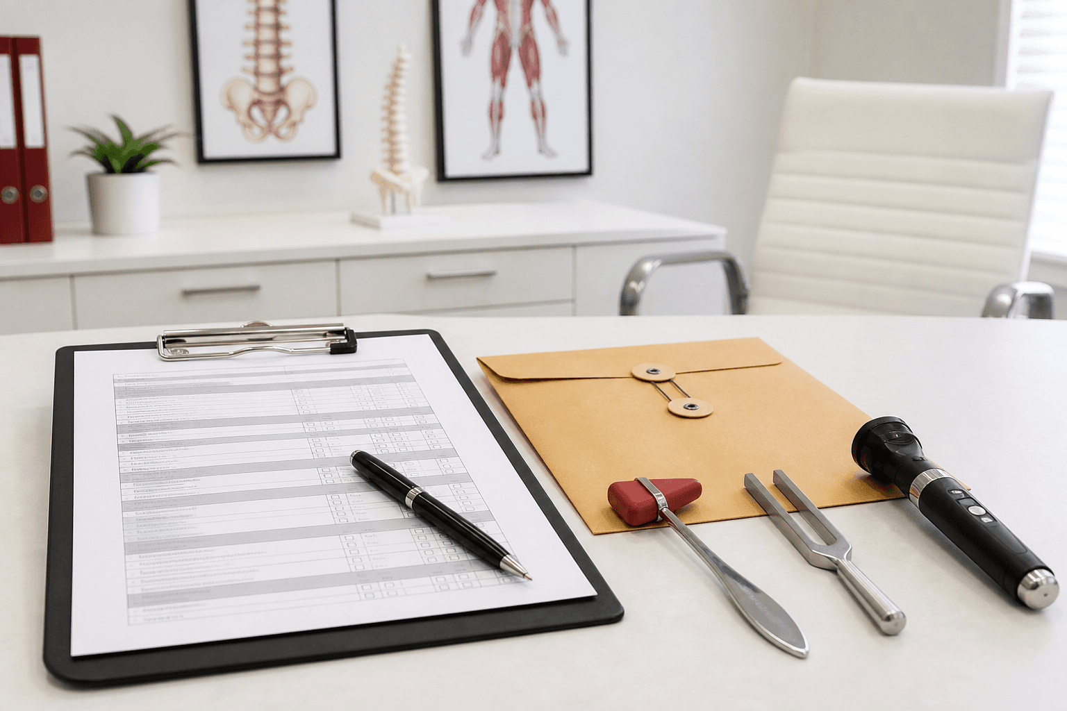 Clipboard and forms representing the independent medical exam documentation process