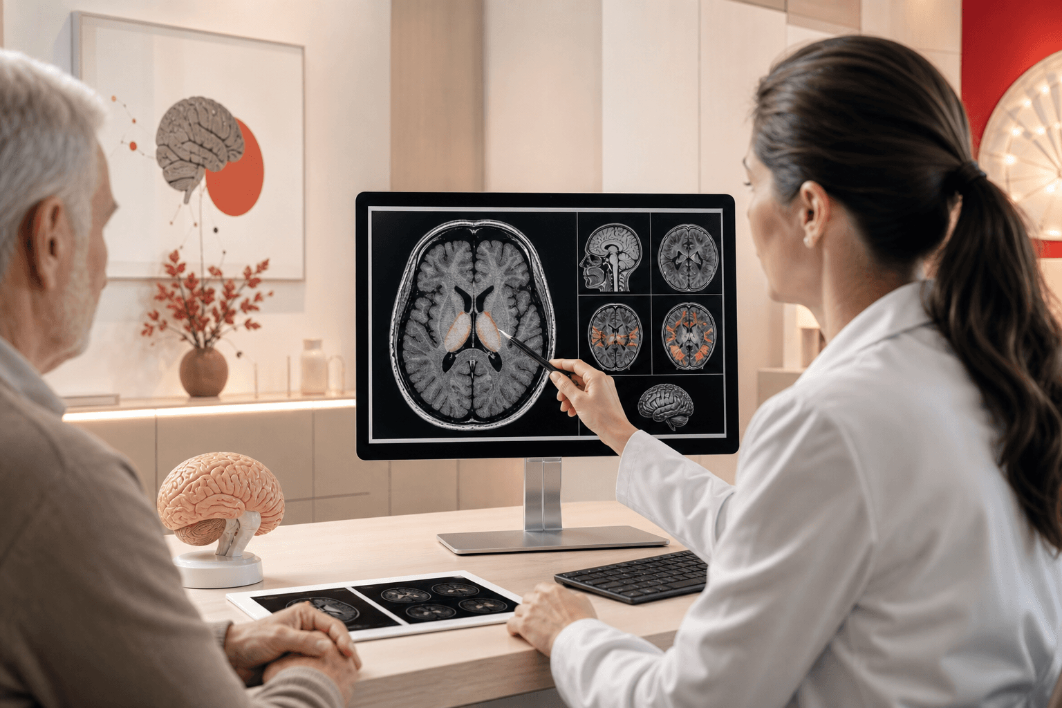 Neurologist reviewing MRI brain imaging for Parkinson's disease diagnosis