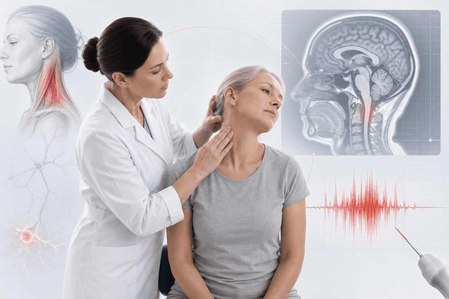 Neurologist performing a clinical examination for cervical dystonia diagnosis