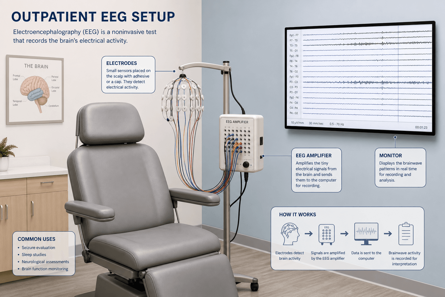 Illustration of an outpatient EEG setup with monitoring equipment