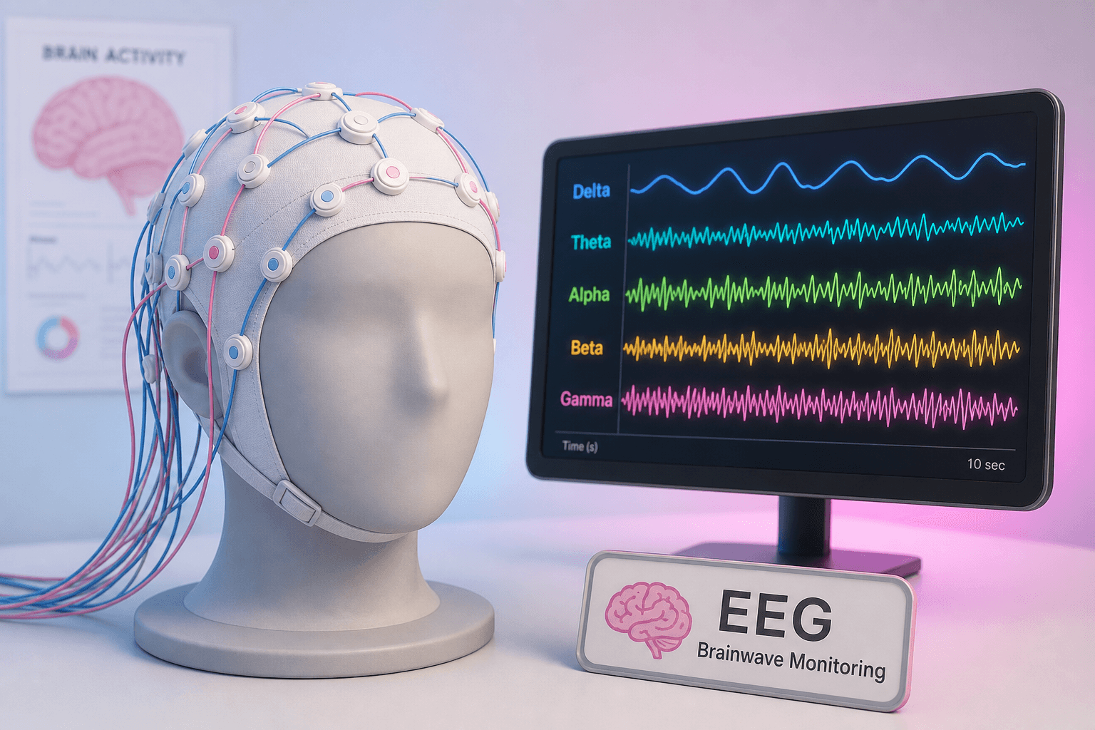 Illustration of EEG sensors recording brain electrical activity for diagnostic review