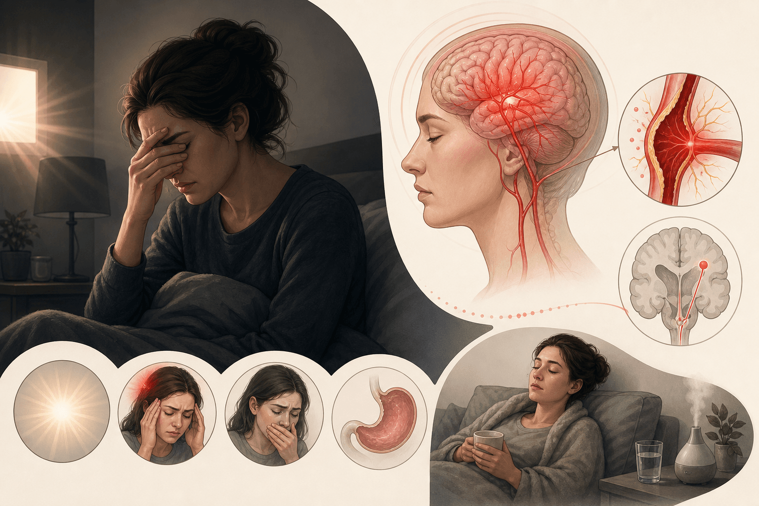 Illustration of migraine symptoms including headache, light sensitivity, and nausea