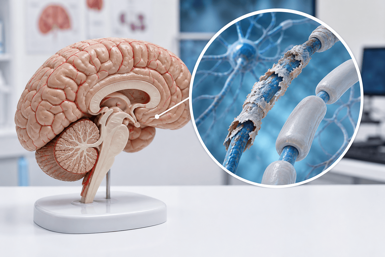 Illustration of nerve pathways and myelin related to multiple sclerosis
